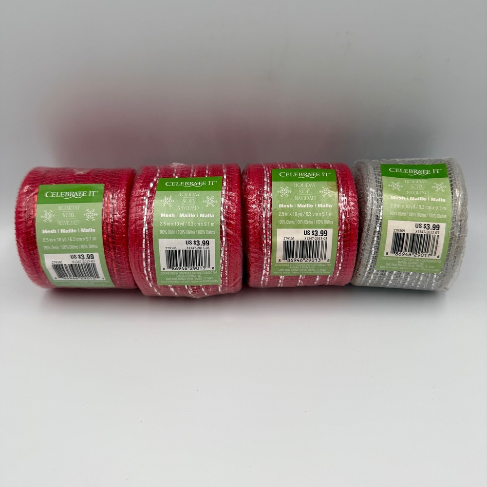 Celebrate It Holiday Mesh Ribbon Red Silver Metallic 2.5in x 10yd 4 Rolls Total